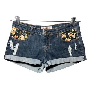 Iris Jeans American Style Floral Distressed Denim Shorts Dark Wash Cuffed Size M